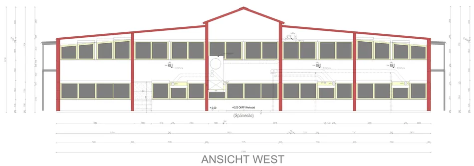 Gesamte Westansicht der Halle mit Bemaßung aller Öffnungen
